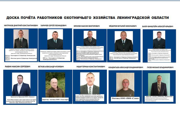 Доска почёта работников отрасли охотничьего хозяйства Ленинградской области